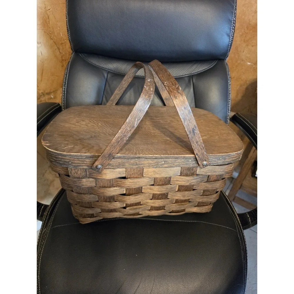 Vintage Woven Wood Picnic Basket Rustic 18x12x9